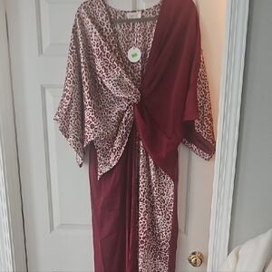 ODDY Red and Brown Maxi Dress with Kimono Sleeves